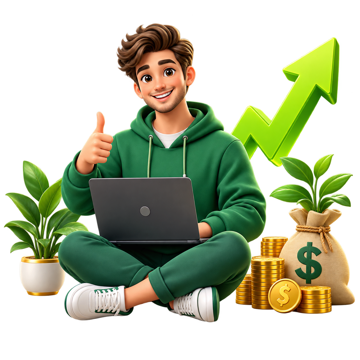 A smiling member with a laptop, green plants and a growth arrow