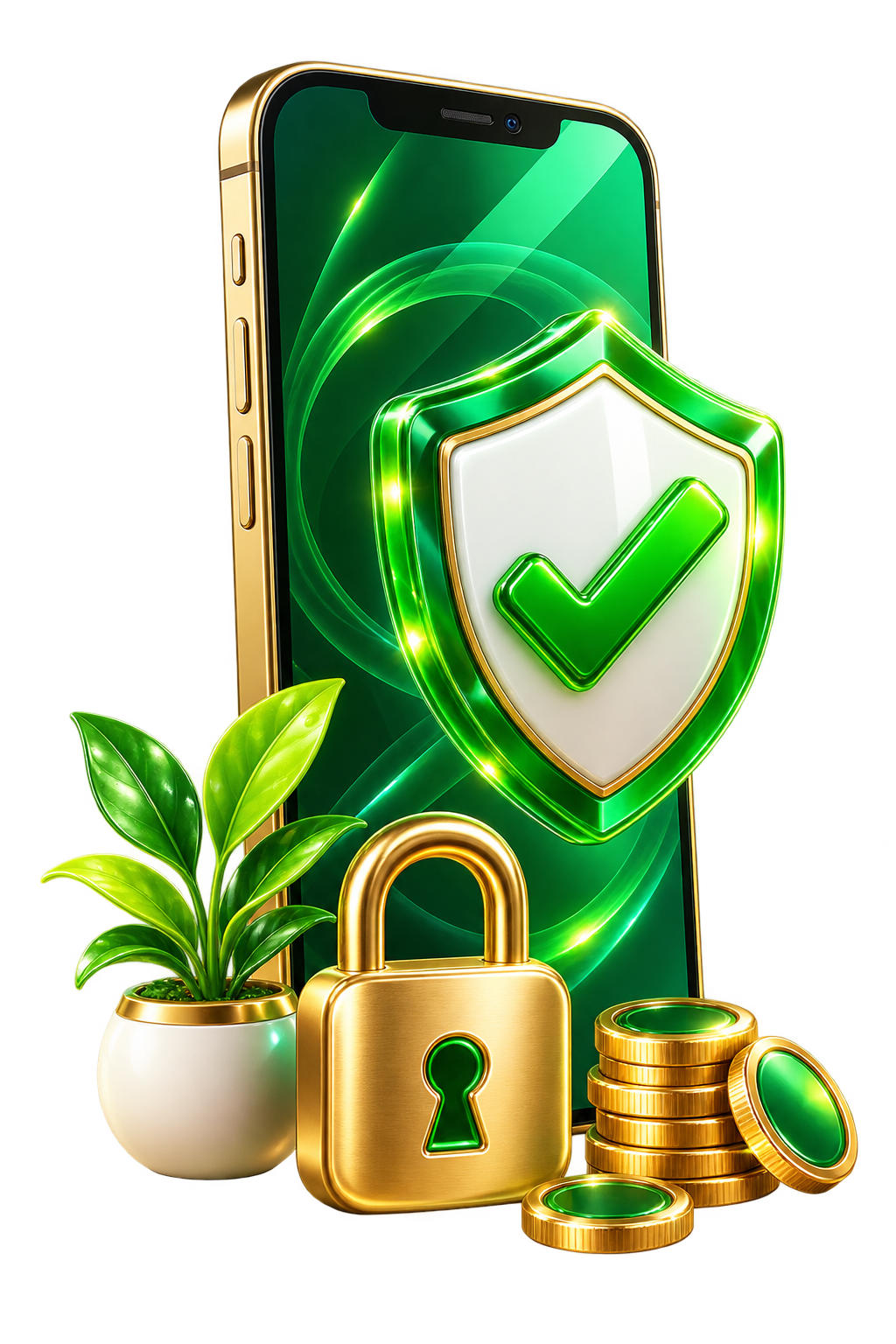 Green phone with a shield and gold lock
