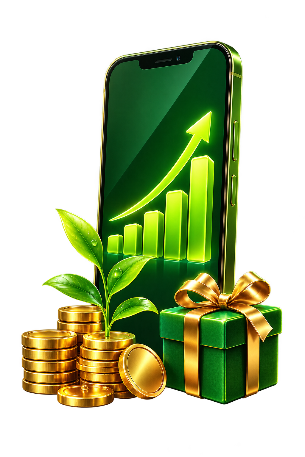 Green phone with a growth chart, plant and gift